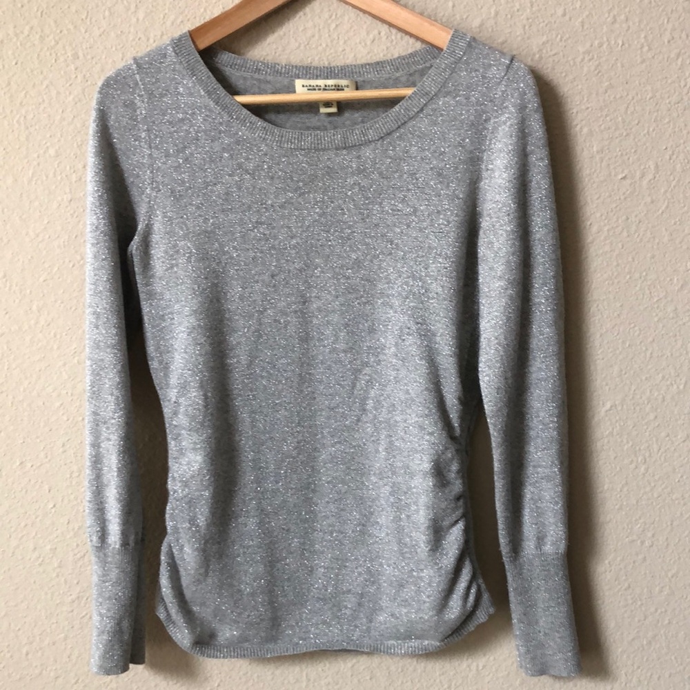Banana Republic Women's Sweater Size M Silver Gray Metallic Sparkle Ruched Sides